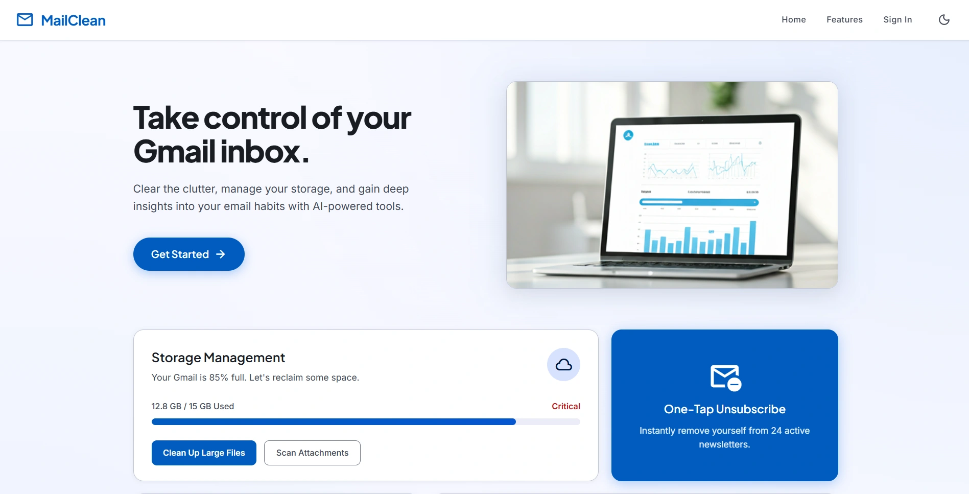 MailClean (Gmail Dashboard) — live project screenshot